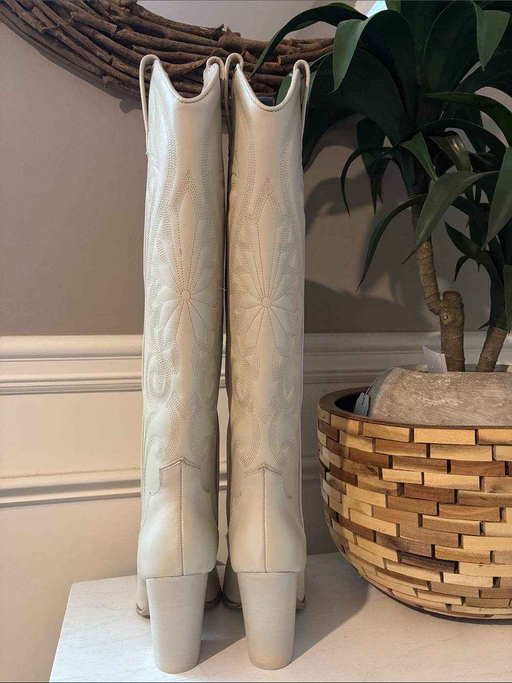 Steve Madden Cream Knee-High Western Boots with Block Heel - Picture 14 of 16